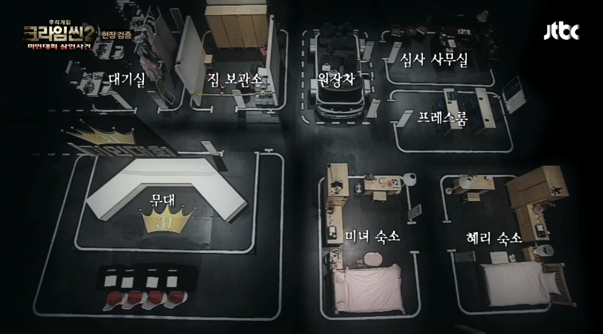 범죄 현장을 재구성한 세트장에서 단서를 모아 범인을 찾는 추리 예능 / jtbc <크라임씬>